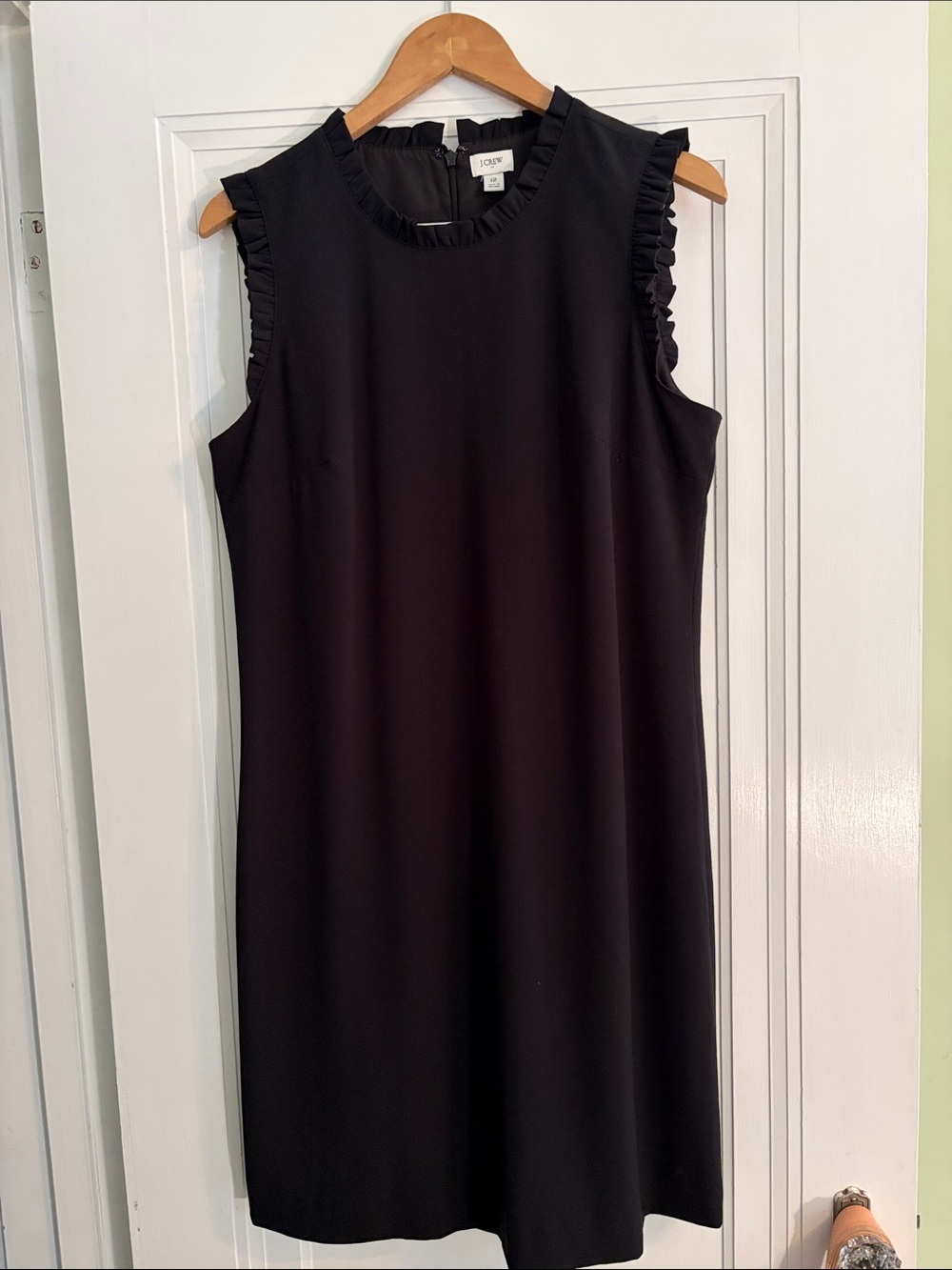 J Crew Sz 12 Sleeveless Black Shift Dress with Ruffle Trim